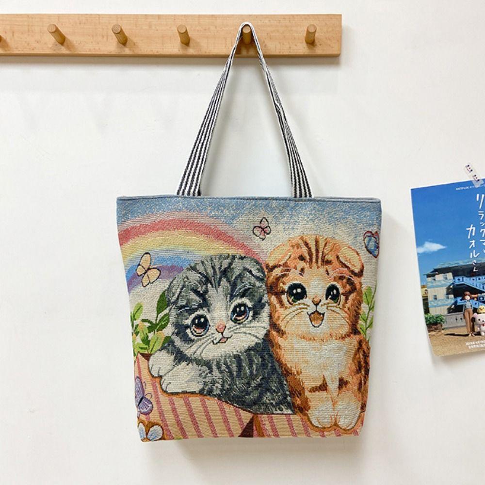 Dog Ethnic Style Handbag Large Capacity Animal Shoulder Bag Portable Cute Cat Cloth Bag  Students