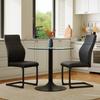 Table-Chair Set. Round Glass Table with 85 cm Diameter + 2 Black Chairs with High Backrest and Diamond Quilting made of PU