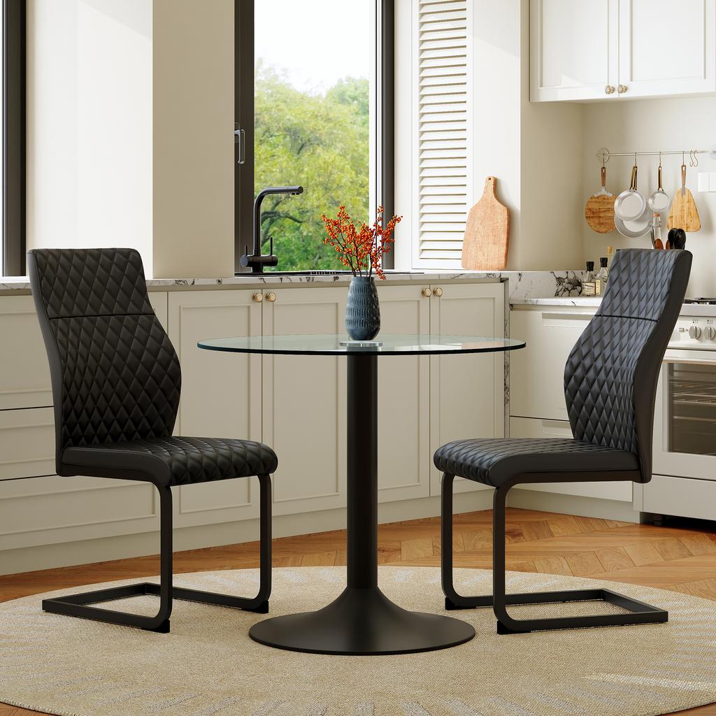 Table-Chair Set. Round Glass Table with 85 cm Diameter + 2 Black Chairs with High Backrest and Diamond Quilting made of PU