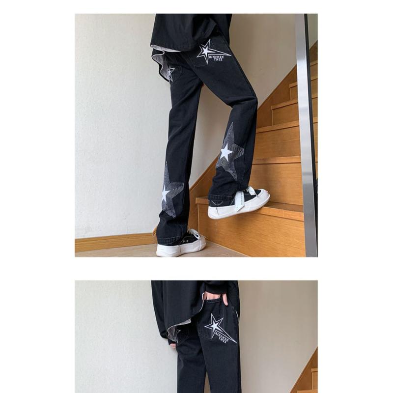 Calças estilo americano vibe high street bordado azul claro estrela jeans design masculino senso calças retas
