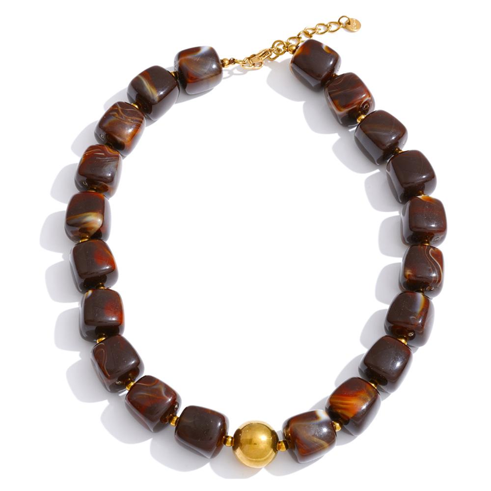 Yhpup Acrylic Square Beads Chain Necklace Bracelet Bangle Stainless Steel Handmade Jewelry Waterproof Green Khaki Pink Amber