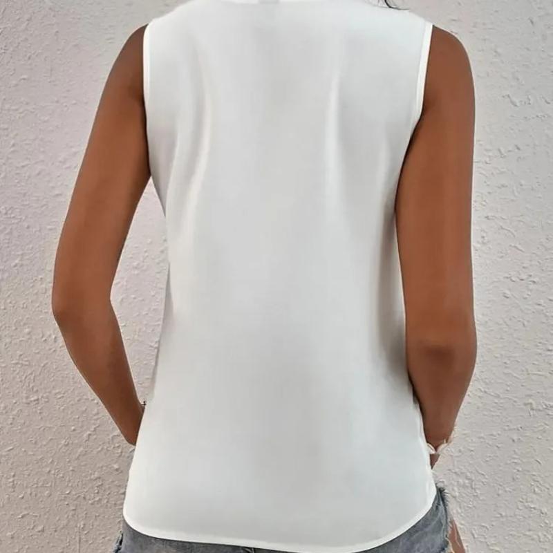 Sleeveless V-neck Lace Parchwork Blouse Women Loose Hollow Out Summer Tee Shirt Casual Streetwear Tsnk Top Sleeveless V-neck Lac