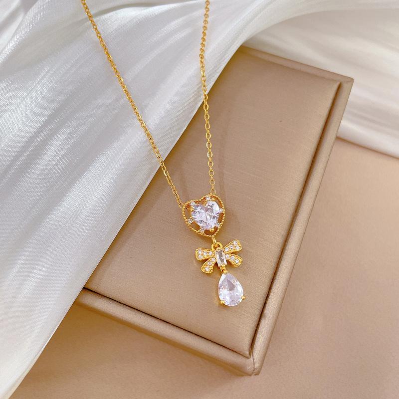 Titanium Steel Butterfly Water Drop Light Luxury Temperament Gorgeous Full Diamond Necklace Female Versatile Collarbone Chain Titanium Steel Chain