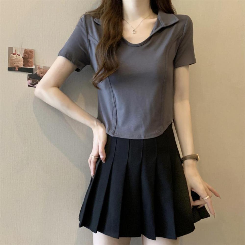 Pullover Y2k Crop Tops Women V-neck Flip Neck Blouses Fashion Short Sleeve T Shirt  Female