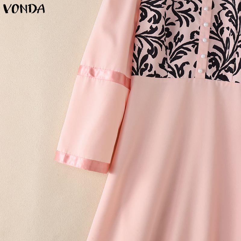 VONDA Elegant Women Puff Sleeve Print Patchwork Casual Loose Maxi Dress