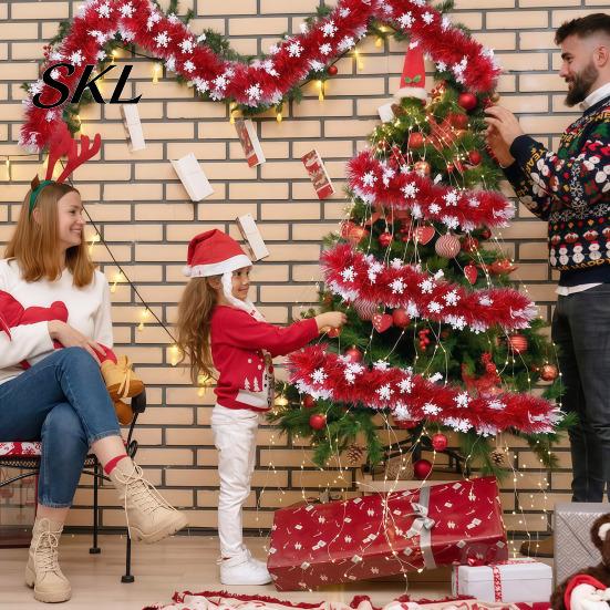 Snowy Winter Tree Ornaments 78 Inch Red Christmas Tinsel Garland, Holiday Shiny Metallic Foil Twist Garland Flexible Hanging for Party with Snowflake