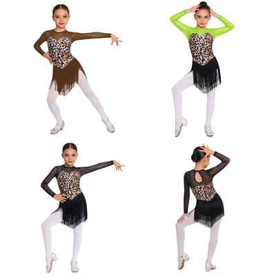 Children’s Latin Dance Competition Dress Leopard Print Fringe Long Sleeve Keyhole Back Mesh Patchwork Sparkling Rhinestone Tassel
