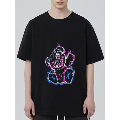 Schwarzes T-Shirt mit Neon-Bär-Grafikdruck für Freizeitkleidung