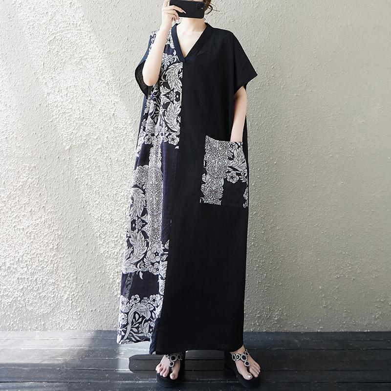 DIMANAF 2025 Summer Plus Size Dress Women Casual O-Neck Vintage Shirt Dress Loose Basic Printing Dress