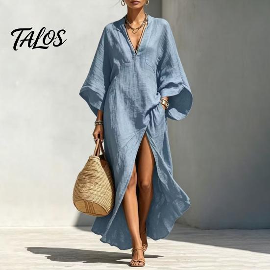 Batwing Sleeve Dress Women's Cotton Linen Maxi Dress, V Neck Airy Summer Outfit High Split Loose Casual Beach Sundress with Pockets Relaxed Fit