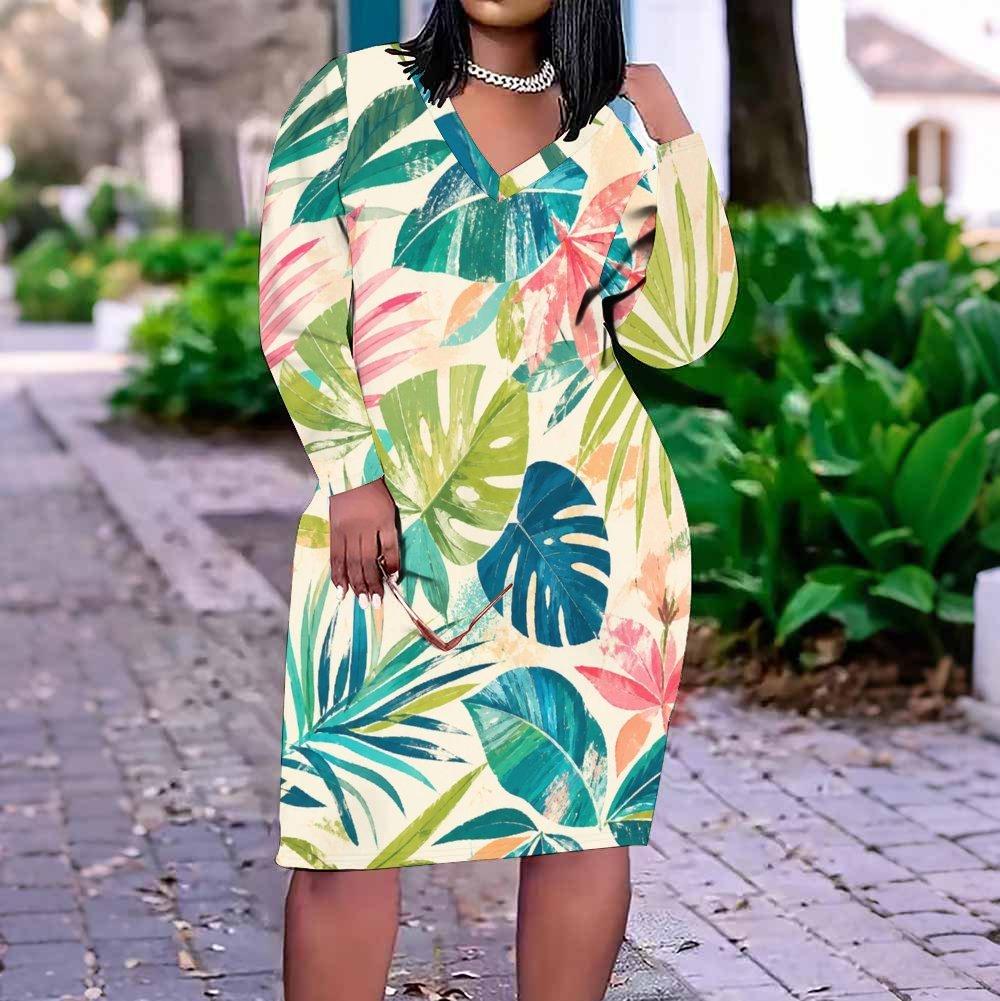 Women Plus Size V Neck Long Sleeve Teal Yellow Leaf Printed Straight Dress