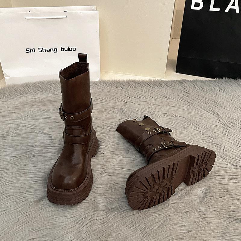 British style versatile retro Martin boots women's 2024 autumn and winter new models can be folded Western denim thick heel medium tube short boots