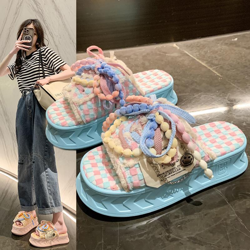 Fashion 6cm Cute Kawaii Fashion Graffiti Slippers Women's Thick Soles Raised Canvas Line Drag for Women's Trendy Muffins  External Wear