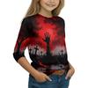 Kids Halloween Printed T-Shirt 3/4 Sleeve Round Neck Casual Top with Pumpkin Witch Design
