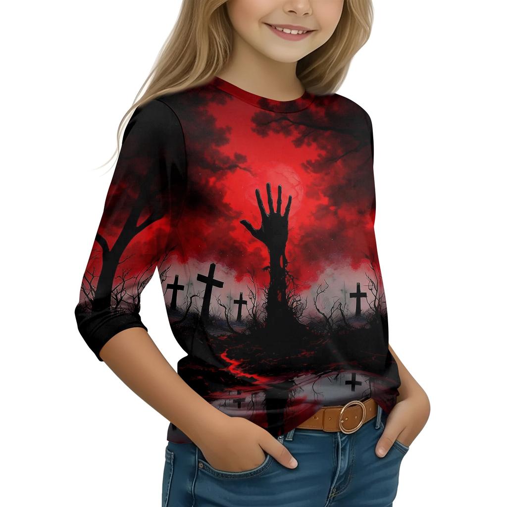 Kids Halloween Printed T-Shirt 3/4 Sleeve Round Neck Casual Top with Pumpkin Witch Design