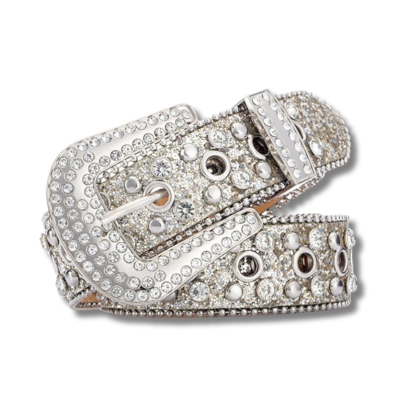 

[W&C] bling belt western leather CZ diamond glaring sequins rhinestone belt studs genuine leather men s ladies Gold (Gold (105cm))