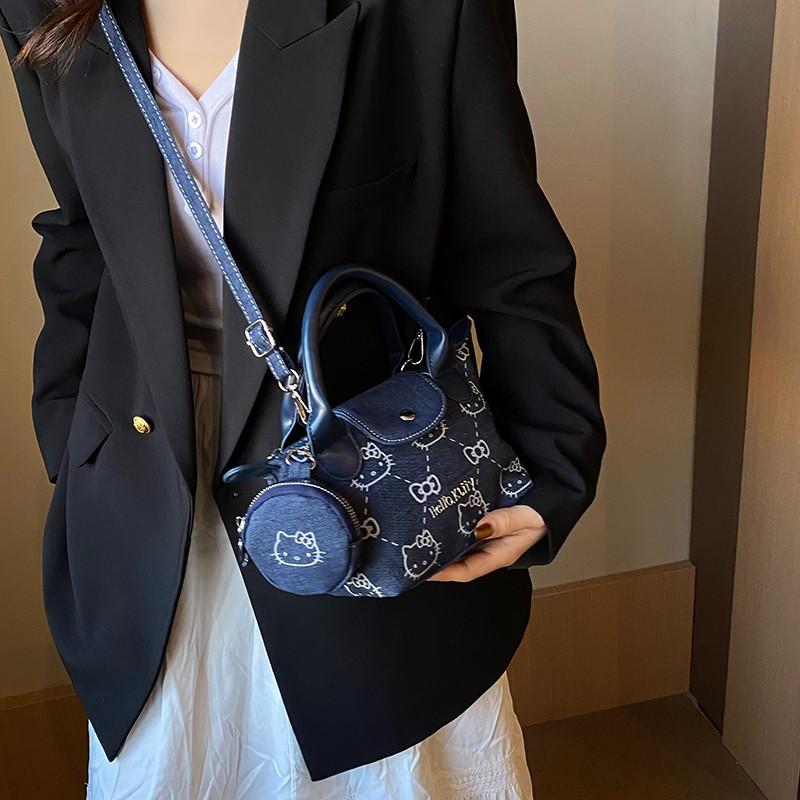 2025 new spring cute denim printed cat handbag women's fashion shoulder messenger bag mini dumpling bag