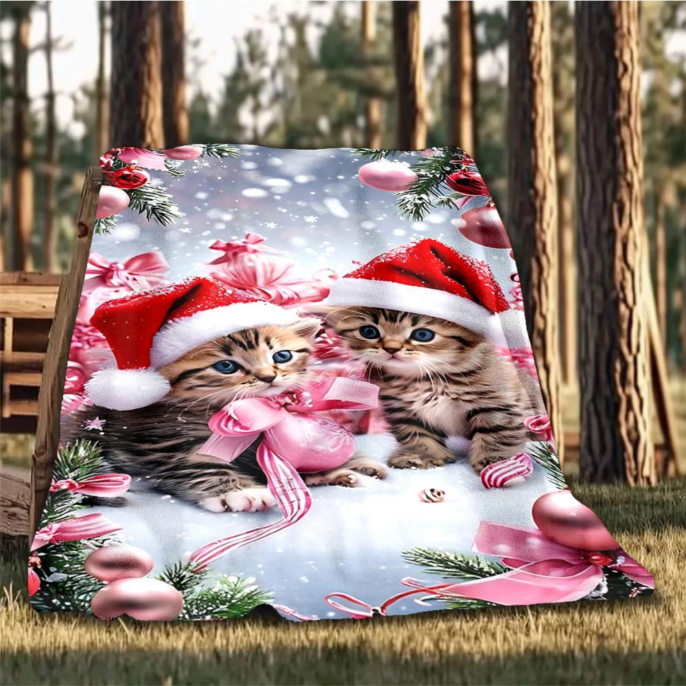1pc Christmas kittens Outdoor Flannel Blanket Soft All Season Polyester Throw , Perfect for Picnics & Travel , Picnic Accessory