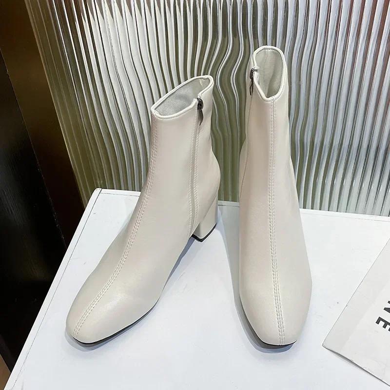 Lær middels hæl korte støvler for kvinner PU myke ankelstøvler Sideglidelås Komfortabel kontor Damesko Firkantet Dame Båter