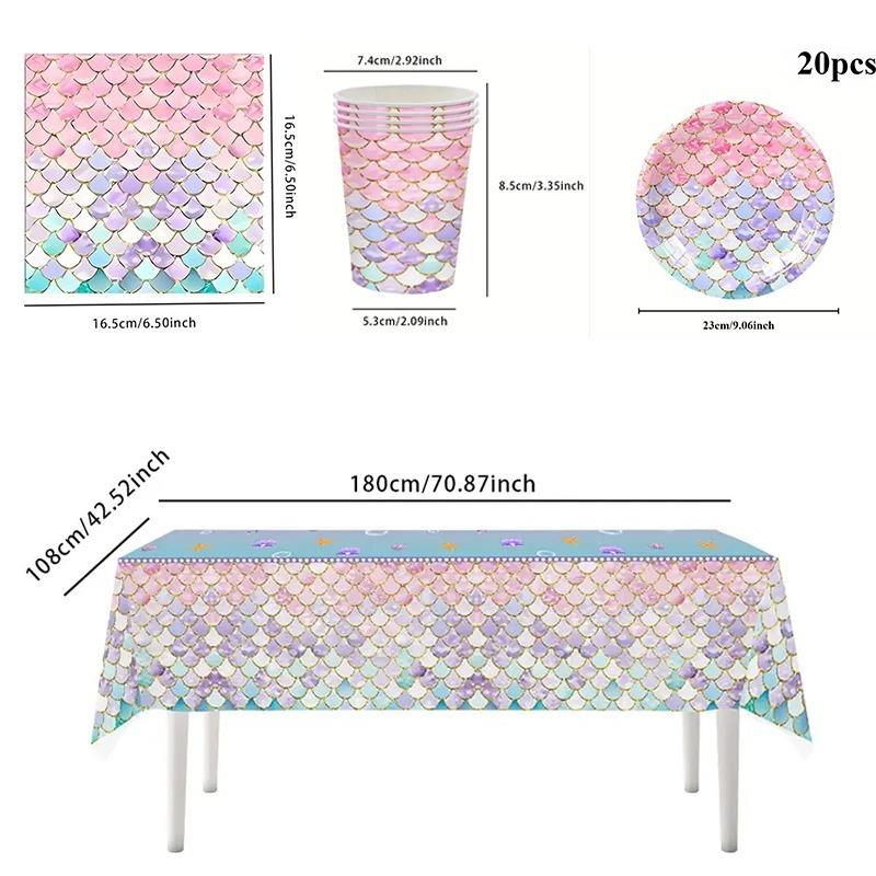 Mermaid Party Supplies Set with Plates Napkins Tablecloth Banner and Cupcake Toppers Perfect for Birthday Party Decorations