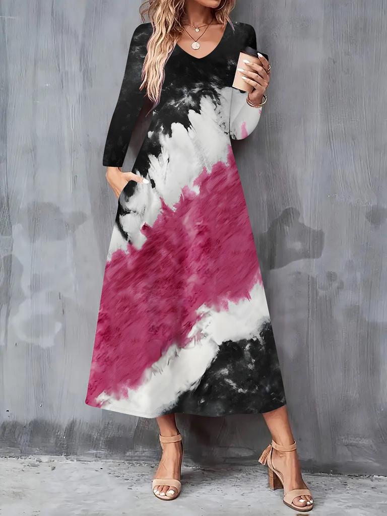 Nowa damska sukienka casualowa na jesień i zimę 2025 z modnym nadrukiem 3D tie-dye, z długim rękawem, dekoltem w serek, w fasonie A