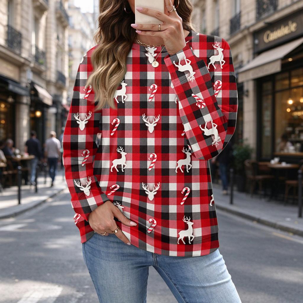 Women's Christmas Print Neck Top Casual Versatile Holiday Shirt for Everyday Wear