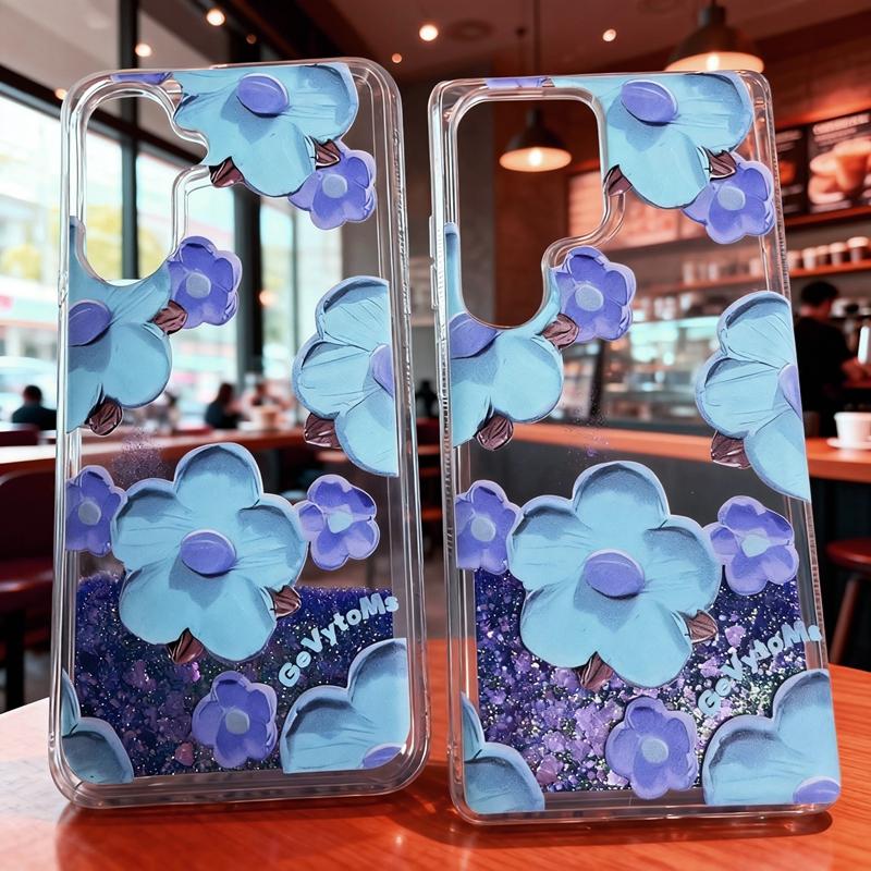 S25Ultra S25FE Flower Print Transparent Soft Case for Samsung Galaxy S25 Ultra Edge FE Plus Glitter Liquid Pink Quicksand Cover For S25 Ultra