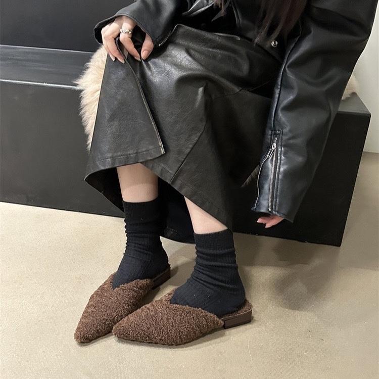 2024 Spring Woman Fur Mules Slippers Fashion  Slides Shoes Ladies Elegant Outdoor Street Style Low Heel Footwear