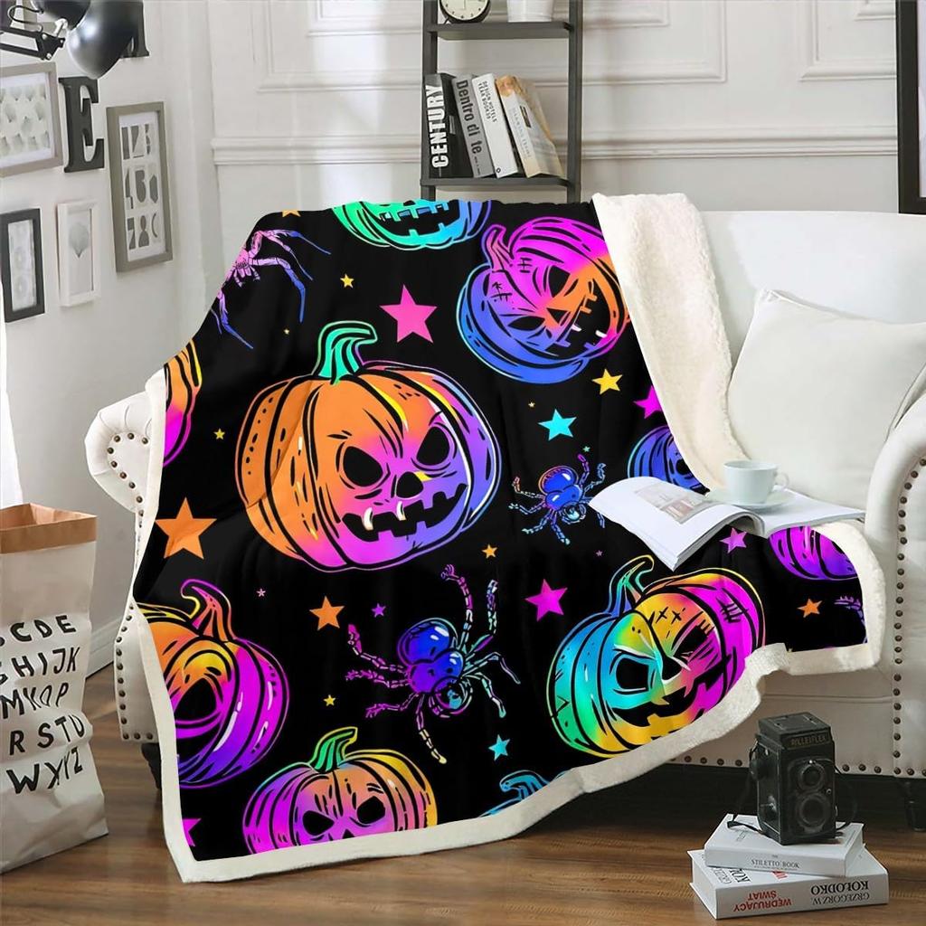 Halloween Ghost Blanket Soft Fleece Throw Pumpkin Spider Web Design Home Decor Party Gift Kids Room