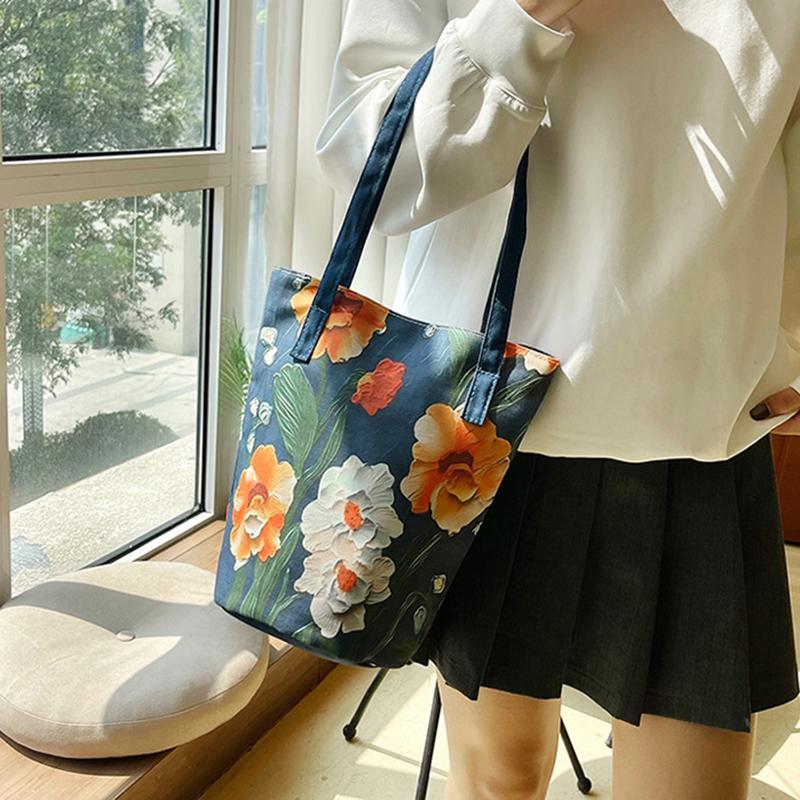 Yogodlns New Fashion Floral Pattern Bucket Bag Canvas Casual Shoulder Bag Large Capacity Creative Handbag for Women