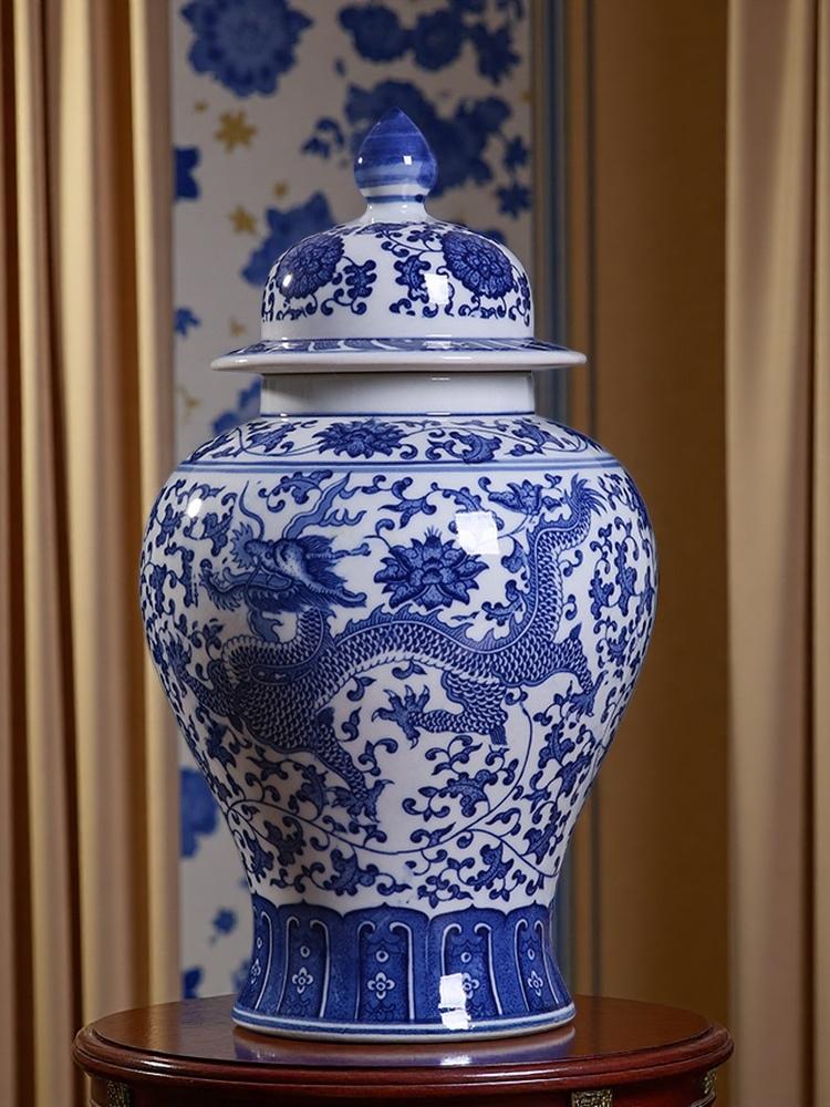 JingDeZhen Famous Blue and White on Porcelain 33cm General Tank Ceramics Dragon Patterned Lucky Tube Storage Box for Home Decor