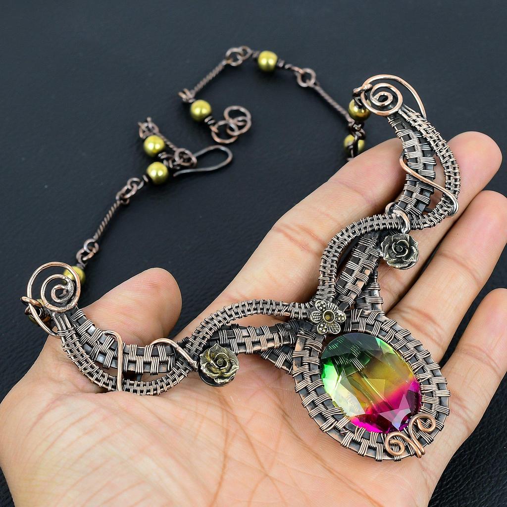 Zweifarbige Turmalin-Halskette Schmuck, 999 Kupferdraht umwickelte Edelstein-Halskette Handgefertigter Schmuck, Für den Gedenktag