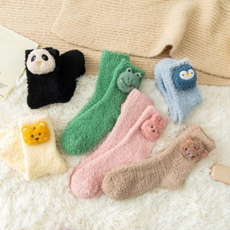 Japanese Women Girl Cute Coral Fleece Slipper Socks 3D Stuffed Animal Doll Thick Warm Thermal Fuzzy Floor Sleeping Socks