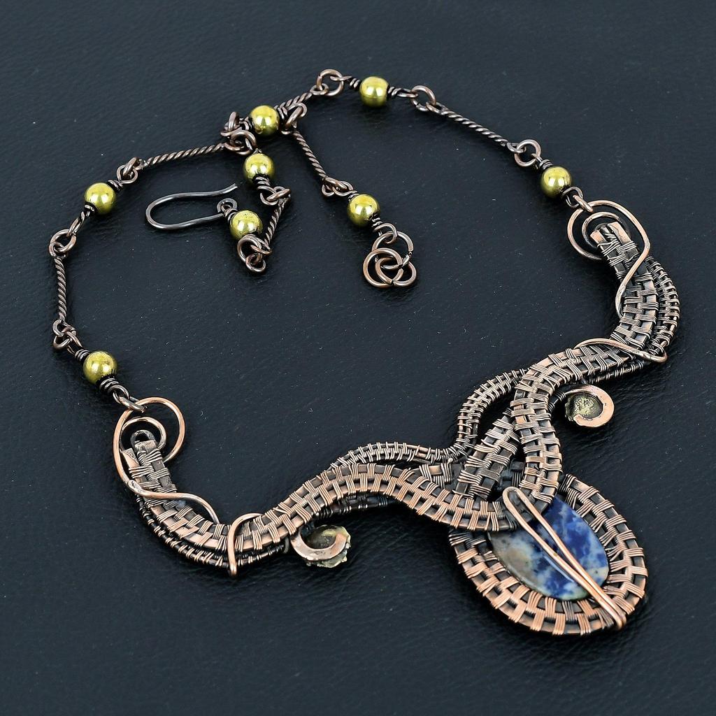 Sodalite Necklace Handmade Jewelry, 999 Copper Wire Wrapped Necklace Designer Gemstone Jewelry Adjustable Chain Necklace Gift For