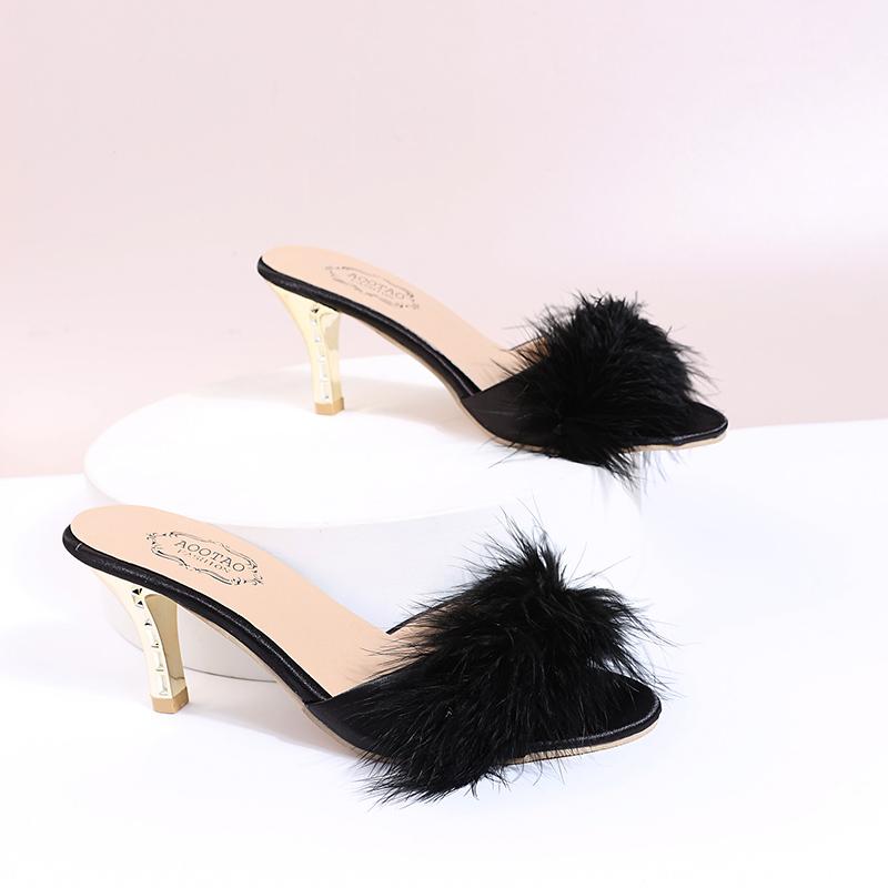 Classic Slides Slippers for Women Casual Strange High Heels Shoes for Women Solid Fur Leather Slip on Summer Slippers Plus Size