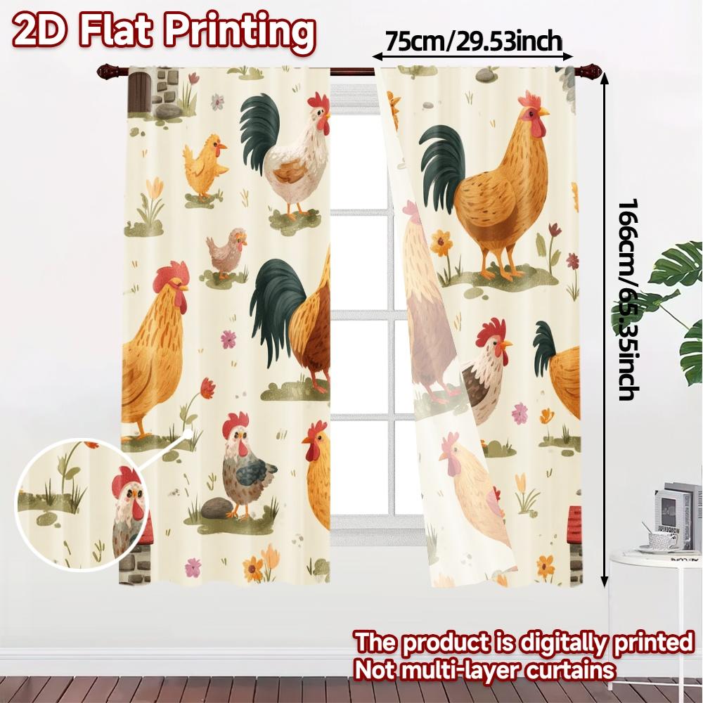 Set Of 2 Flat Printing Curtains Without Rod Rooster Meadow Chic Fabric Curtain Light Filtering Polyester Machine Washable