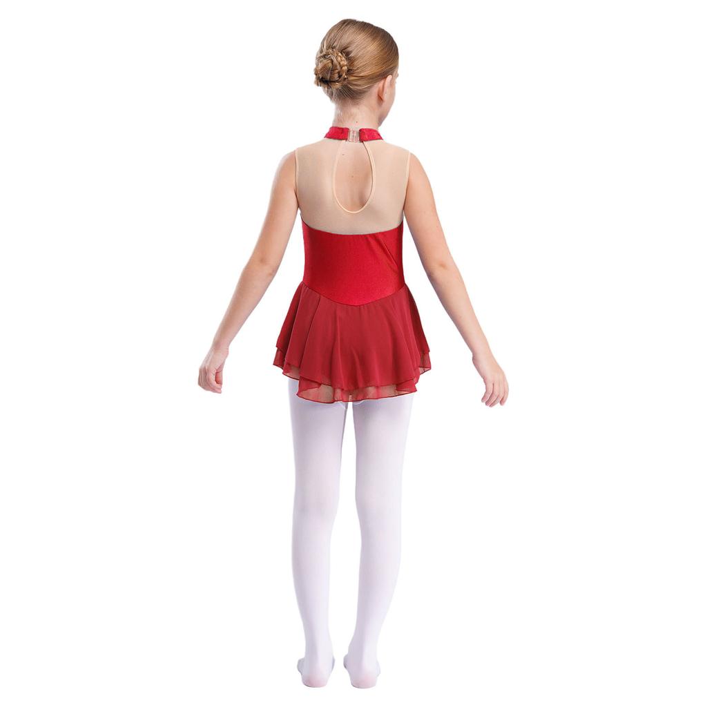 Girls Sleeveless Round Collar Shiny Rhinestone Sequins Floral Patchwork Skating Dance Dress