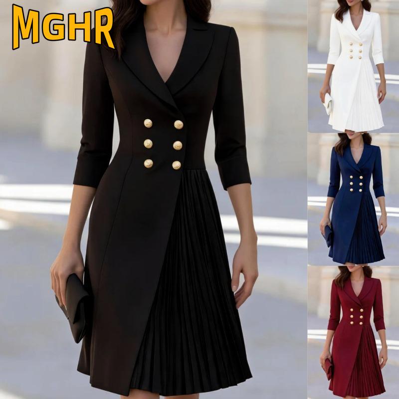 MGHR Women's Fashion Spring Autumn 3/4 Sleeves V-Neck Solid Color Print Casual Dresses