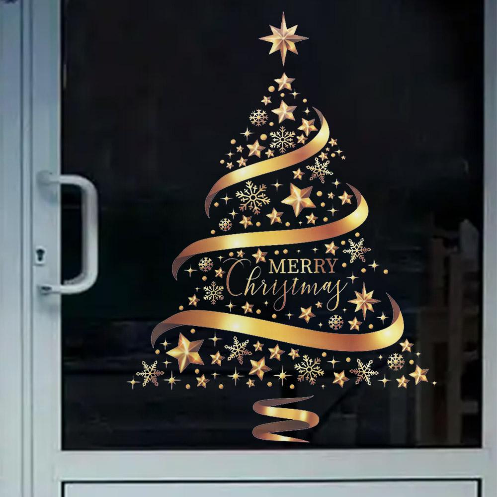 Adesivos de Janela de Árvore de Natal Dourada Decoração Criativa Mural Decoração para Casa Papel de Parede Presente