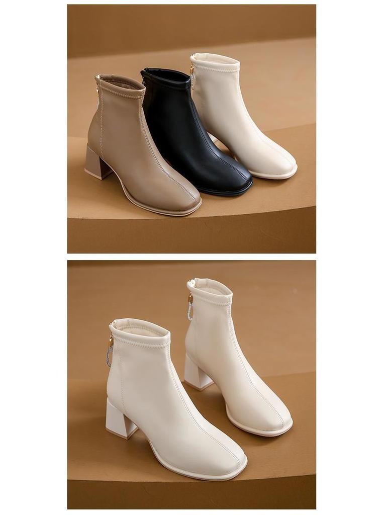 Women's Soft Leather Chunky Heel Square Toe Ankle Boots with Velvet, Autumn-Winter Versatile Slimming Style.