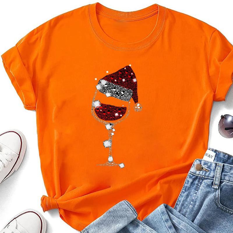New Christmas Red Wine Glass Print Cozy T Shirt Women's Casual Round Neck Short Sleeved T-Shirt
