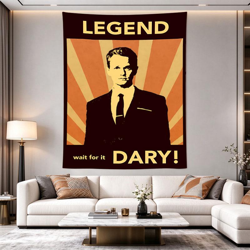 Legend Dary orange retro sunburst poster showing Barney Stinson in a suit silhouette, LEGEND wait for it DARY type in cream and, Wall Hanging