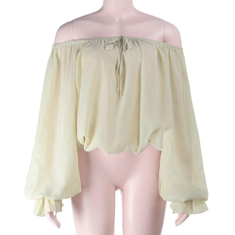 Womens Off Shoulder Long Sleeve Top Lantern Tie Waist Loose Fit 2025 Street Style Sexy Solid Color
