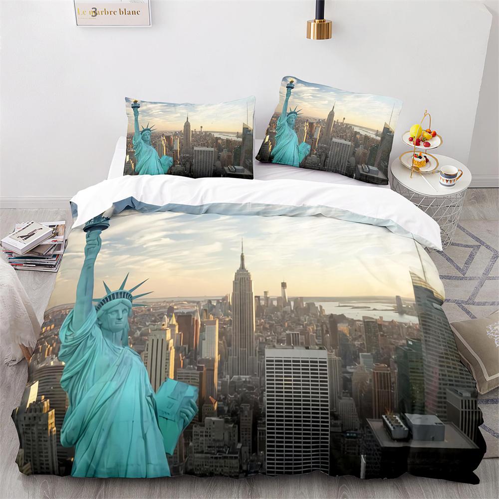 American City Landscape Duvet Cover Set Statue of Liberty Pattern King Queen Size Comforter Cover for Teen Polyester Bedding Set