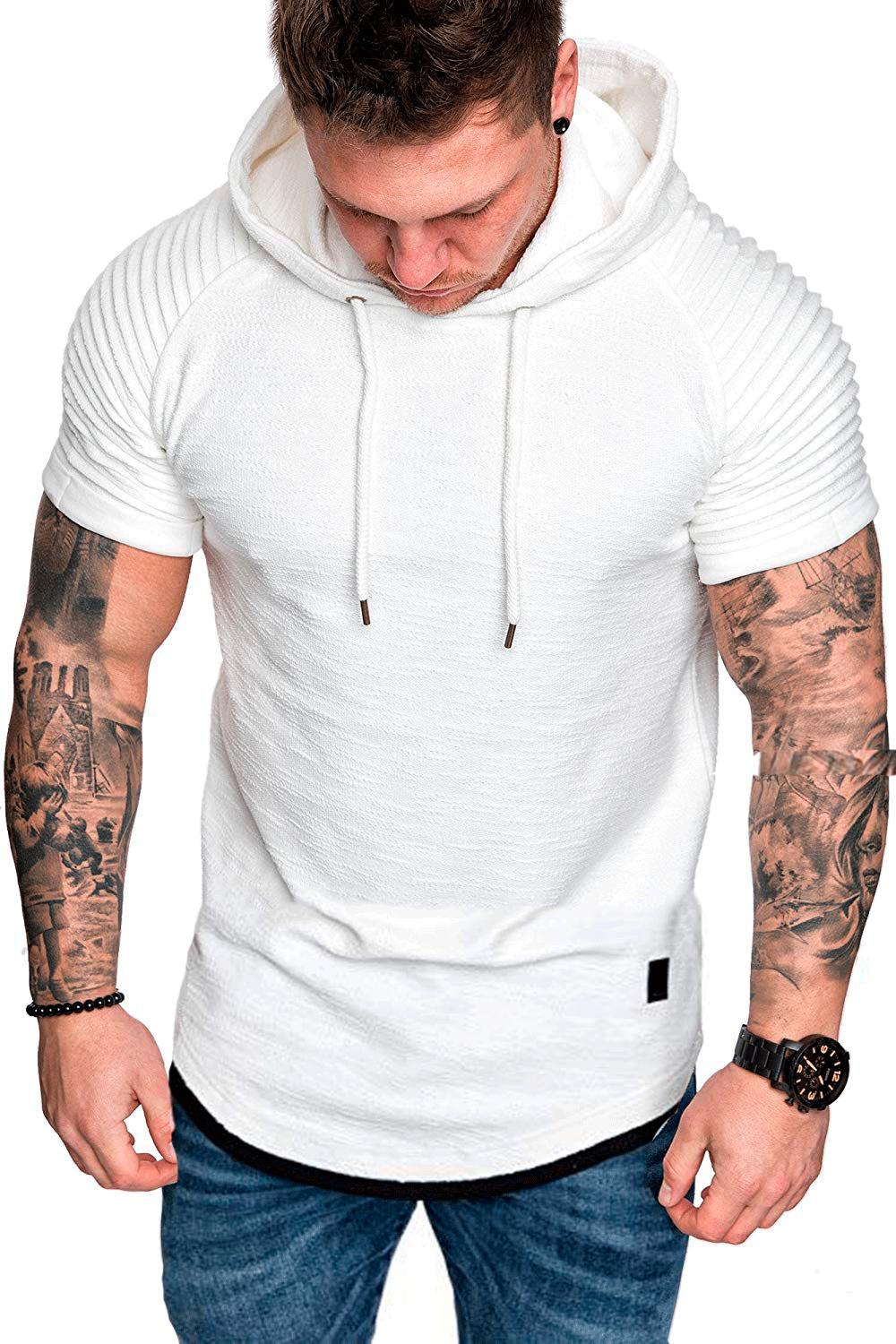 Men s Casual Wrinkled Hooded T-shirt - Plain Color Short Sleeve M белый