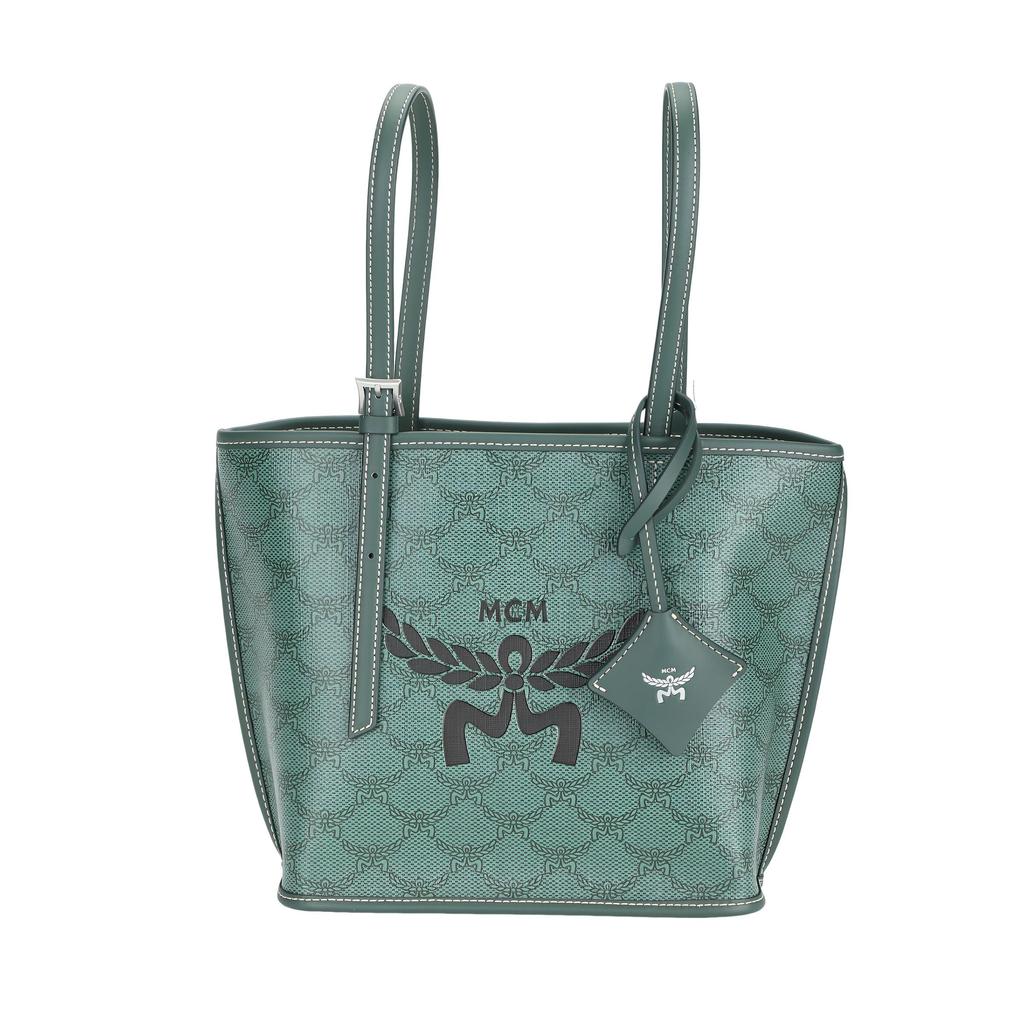 MCM Green Monogram Canvas Tote Bag with Leather Accents & Signature Logo Charm for Daily & Travel Use