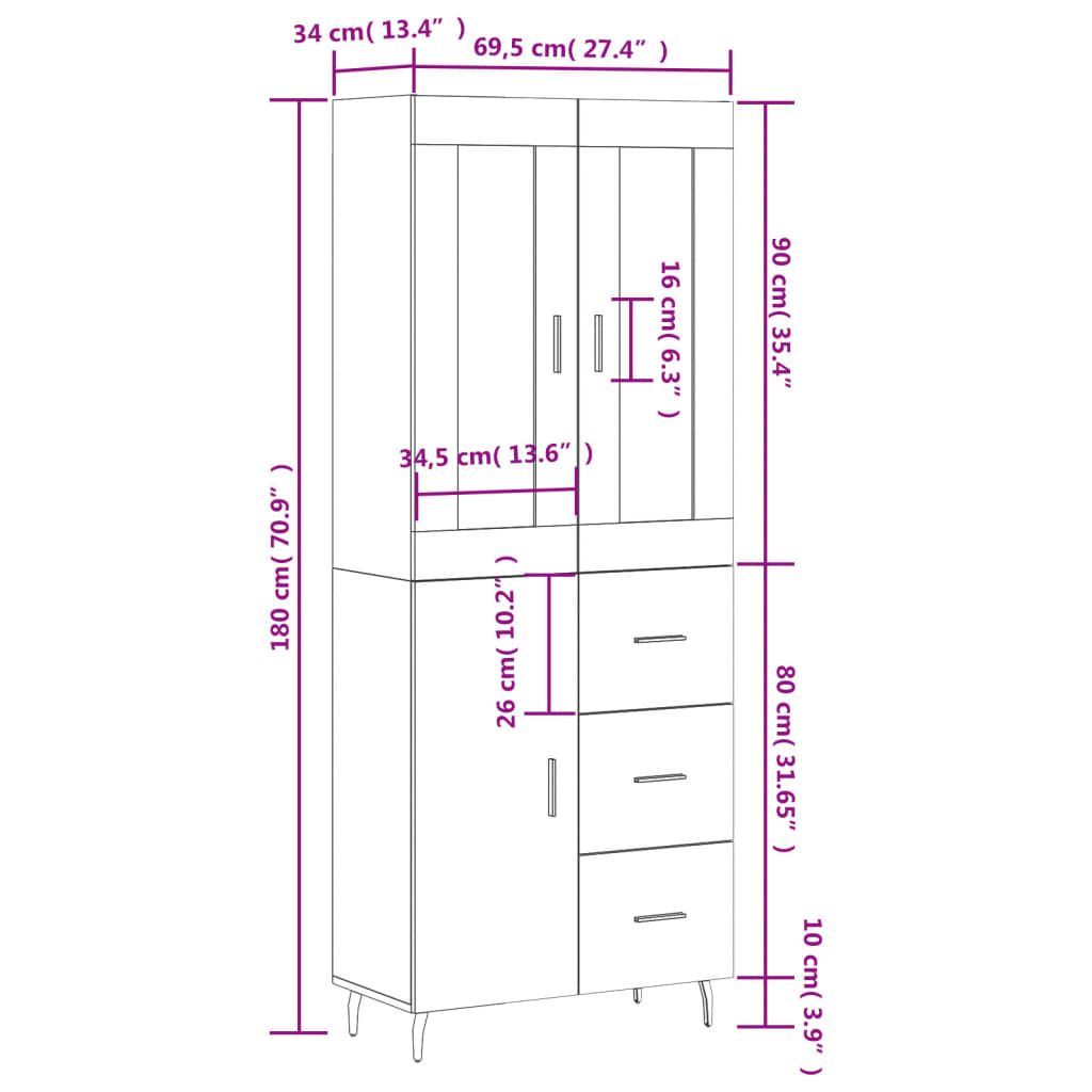 Highboard in Sonoma Oak Finish 69.5 x 34 x 180 cm Engineered Wood