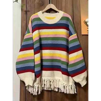 Regenbogen gestreifter Damen-Strickpullover mit langen Ärmeln und Quaste, schickes Damen-Top, Herbst/Winter, lockere, lässige Damenbekleidung