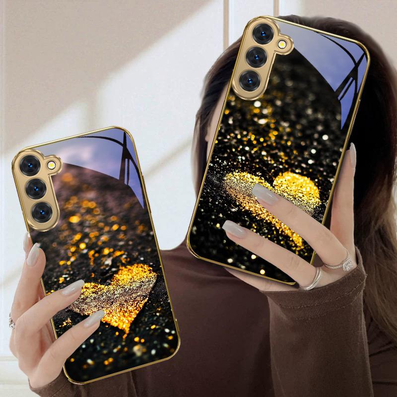 Shining heart shape For Samsung Galaxy S20 FE S21 S22 Ultra S23 Plus S24 Ultra 25Ultra S21+ S9+ 22Plus Golden glass phone case