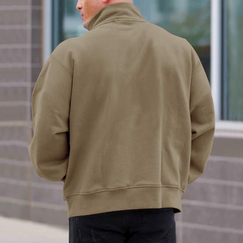 Mens Casual Solid Fleece Lined Long Sleeve Half Zip Stand Collar Polo Shirt